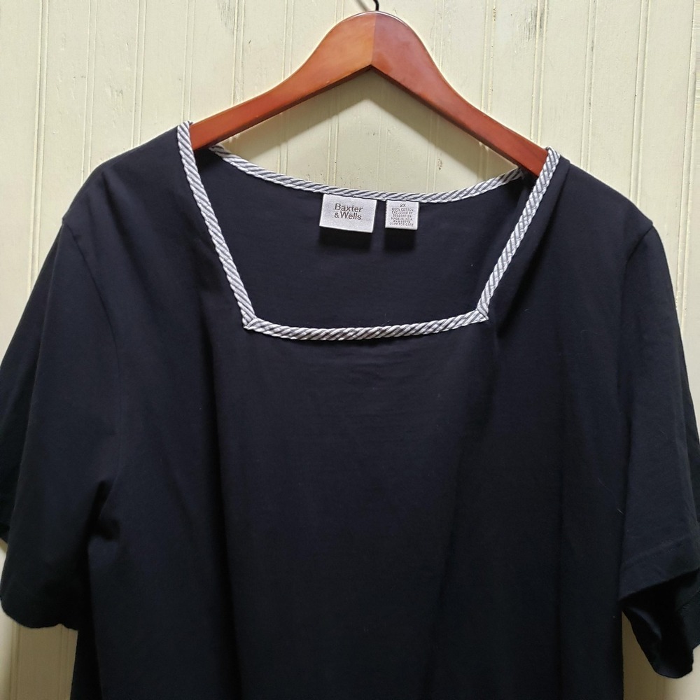 Baxter & Wells Shirt Womens 2X Blue Square Neck Short Sleeve Embroidered Top